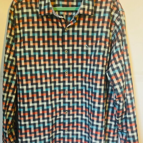 Tommy Bahama XL Long Sleeve Shirt Made in Peru Vibrant Checkered 100% Cotton - Picture 5 of 5